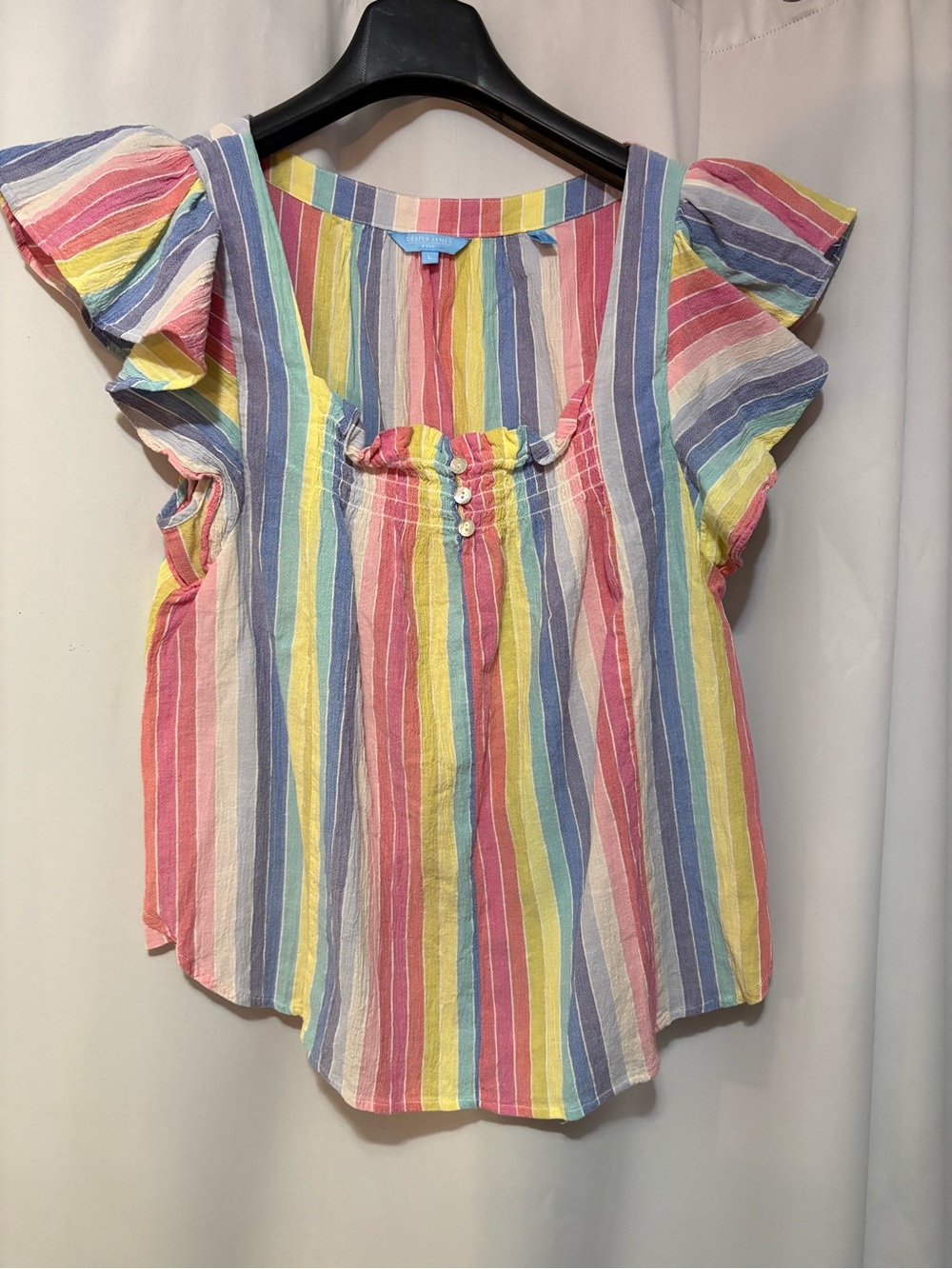 Draper James Pastel Rainbow Stripe Flutter-Sleeve Blouse